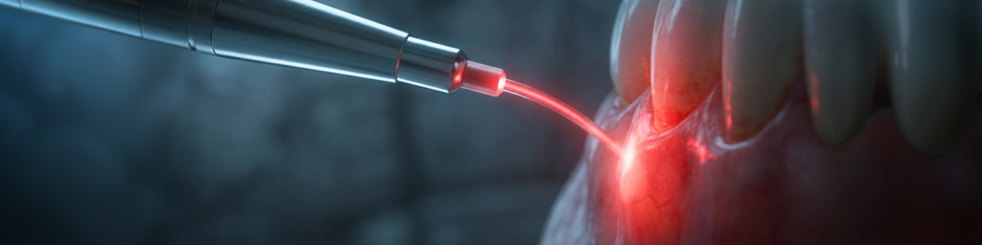 Rendering of a dental laser shining on the gums below teeth.